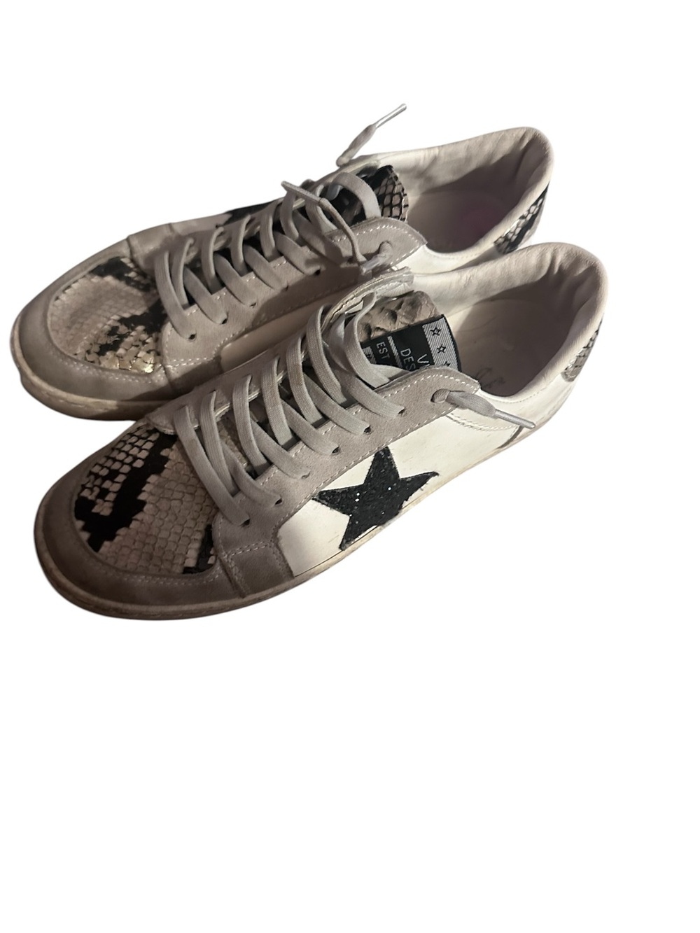 Vintage Havanna  Betsy White Leather Star Sneakers with Black Snakeprint Accents